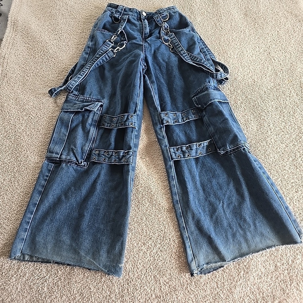 Romwe Juniors Denim Jean Straps Buckles Sz XS (2) Streetwear Grunge Skater - Picture 6 of 14
